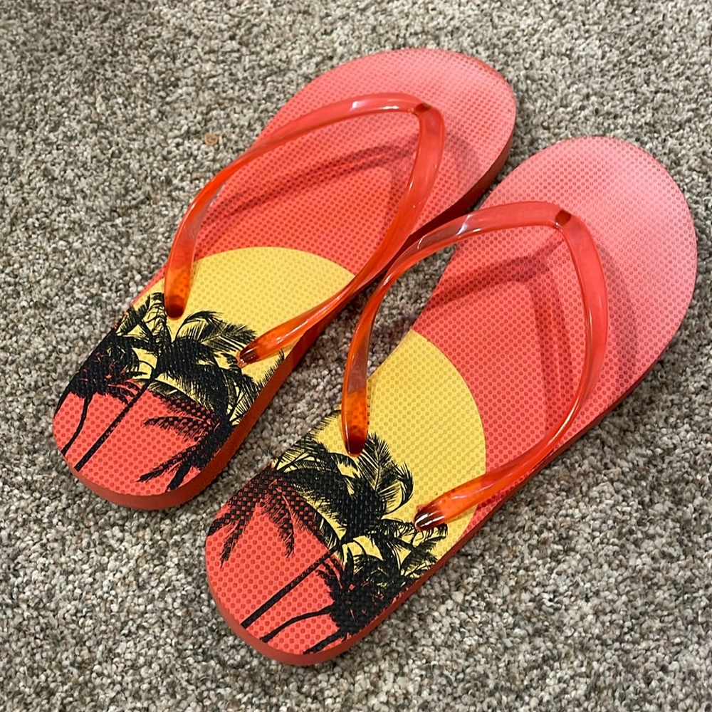 Aeropostale Women's Coral Pink Palm Tree Sunset Print Flip Flops Size 5/6